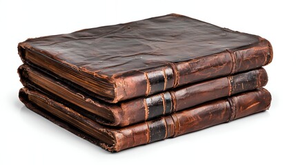 Obraz premium Three Aged Leather Bound Books Stacked on White Background