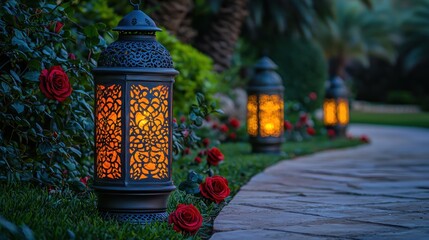 Illuminated garden lanterns with roses along a stone pathway at twilight