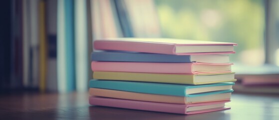 A stack of pastel-colored books sits on a wooden table, with a softly blurred, sunlit window in the background.