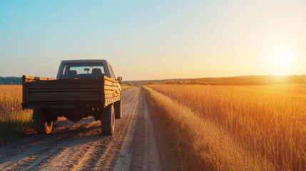 Fototapeta premium Old pickup truck is driving down a dirt road next to a wheat field at sunset in a rural landscape