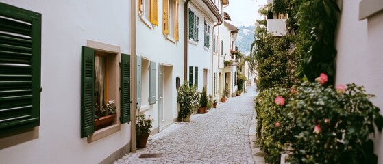 Obraz premium A quaint European alleyway featuring cobblestone streets, colorful shutters, and vibrant flowers, evoking charm and timeless beauty.