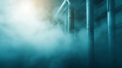 Industrial pipelines emitting steam in shadowy interior, dramatic lighting revealing textural details of metallic surfaces and mechanical environment