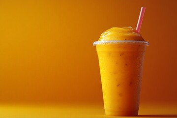 Vibrant mango smoothie in a plastic cup with a pink straw, bursting with tropical flavor. A perfect on-the-go summer beverage rich in vitamins and natural sweetness.