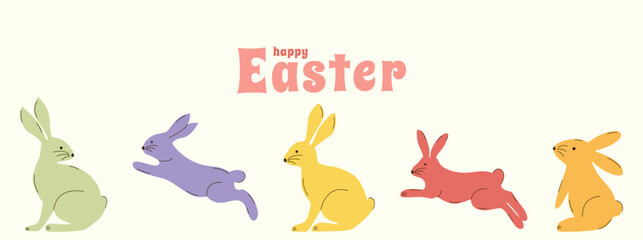 Horizontal banner with Easter rabbits. Vector illustration.