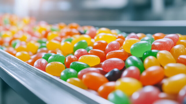 Colorful jelly beans moving on a conveyor belt in a brightly lit candy factory, showcasing the production process - Powered by Adobe