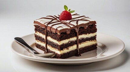 Chocolate Brownies Layers Cream Cake served with two spoon isolated on white with clipping path