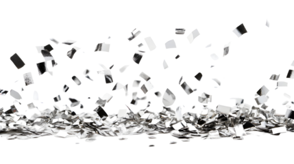 Silver confetti falling, cut out, on white or transparent background
