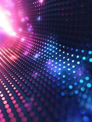 Obraz premium Glowing neon dots scatter across a dark background, creating a vivid cyberpunk pattern with radiant magentas and blues
