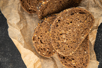 Cereal bread pieces whole grain bread product pieces fresh tasty food dish delicious gourmet food background on the table rustic food top view copy space
