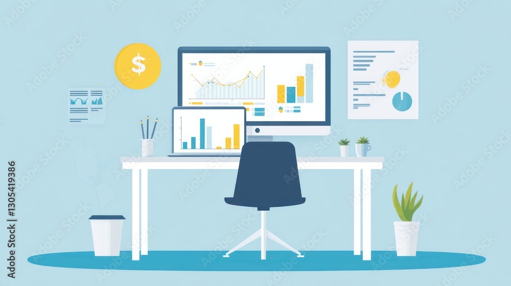 Poster modern office workspace with computer monitors and charts. possible use stock photo for business/fin