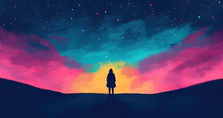 Fototapeta premium Silhouette of Person Against Colorful Sky at Dusk with Stars