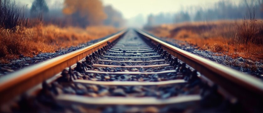 Train tracks vanish into the distance amidst autumn hues, symbolizing journeys and endless possibilities.