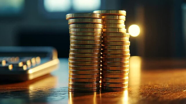Gold Coins Tower on Wooden Table