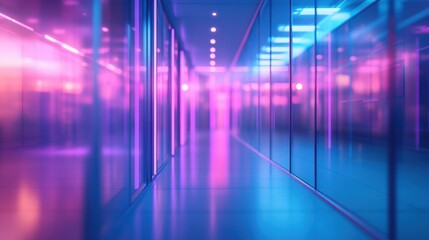 Futuristic Corporate Office, Blurred Background, Neon Blue & Purple Lights, Modern Tech Workspace, Sleek Innovation Ambience