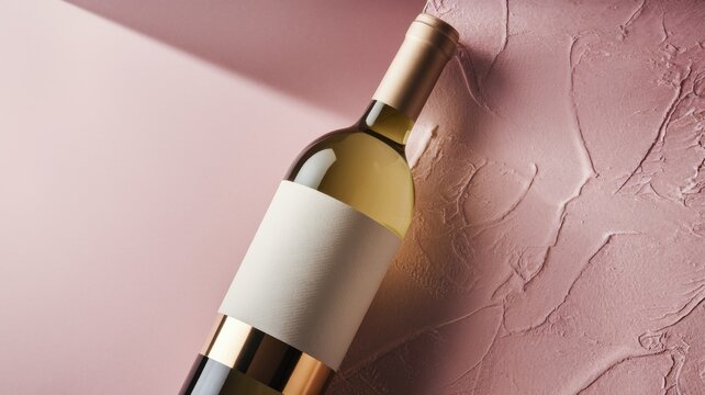 Promotional photo of a bottle of wine with an empty label. The bottle is placed on a textured pink background. A label with a place for the text.