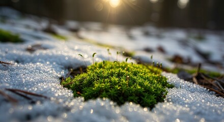 Fototapeta premium Bright Green Moss Growing in Winter Snow at Sunrise Forest