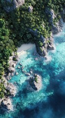 Tropical paradise aerial view with lush green cliffs, turquoise waters, and white sandy beaches. Stunning natural scenery perfect for wallpapers and background images