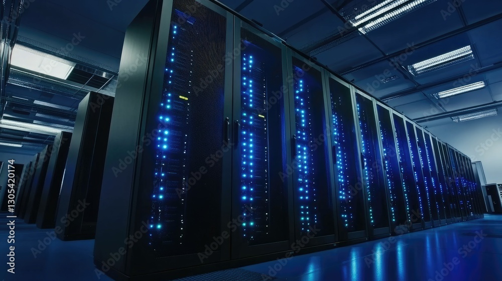 Aufkleber Modern data center with glowing blue server racks, representing cybersecurity, cloud computing, and IT infrastructure. Ideal for technology and digital security concepts