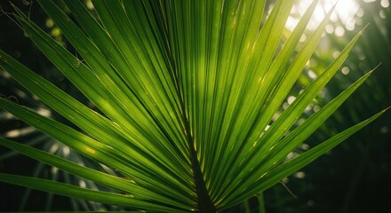Bright Green Palm Leaf Shining with Sunlight in a Tropical Setting