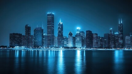 Fototapeta premium Night cityscape of Chicago skyline reflected in water. Possible use Stock photo for travel, tourism, or architecture