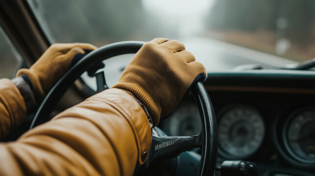 Fototapeta Hands on Steering Wheel of Vintage Car on Foggy Road Trip