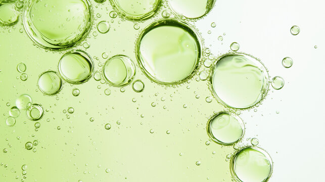 Green Oil Bubbles in Liquid, Organic Skincare and Hydration Concept. Close-up shots, raw graphic photos. Cosmetics advertising materials.