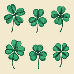 Lucky clovers hand drawn sketch, engraving art. Sketched clover leaf retro etch, antique engraving, pencil hand drawing vintage. Saint Patricks day symbol vector illustration