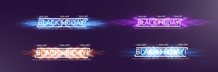 Obraz premium Black Friday sale banner with bold typography, discount percentages, glowing effects, and a modern promotional design. Perfect for advertising, e-commerce, and marketing campaigns.