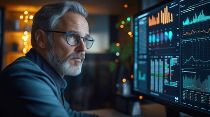 Mature Man Analyzing Data on Computer Screen in Dark Office Setting