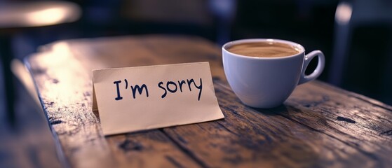 A handwritten "I'm sorry" note sits alongside a cup of coffee, conveying a heartfelt apology in a cozy setting.