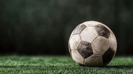 Fototapeta premium A close-up of a worn soccer ball resting on a green field, representing the history of the game.