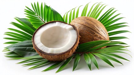 Half Coconut with Tropical Leaves Isolated on White Background - Stock Photo