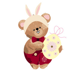Fototapeta premium A funny bear in a hat with bunny ears holds an Easter egg in his paws. Vector illustration. 