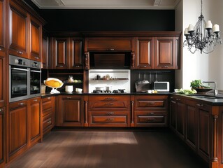 Fototapeta premium A well designed kitchen with wooden cabinets and appliances installed
