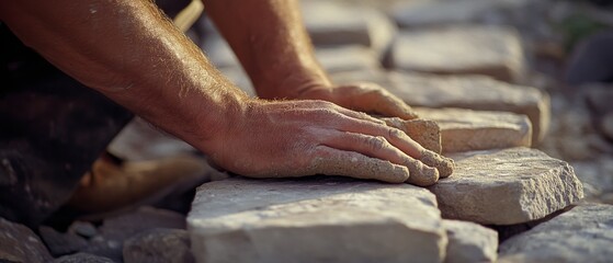 Hands carefully align stone blocks, embodying precision and strength, reflecting the intricate craftsmanship and dedication in manual labor.