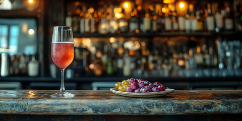legant bar setting featuring a glass of bubbly rosé wine and a plate of red and green grapes, enhancing the luxurious and celebratory atmosphere.