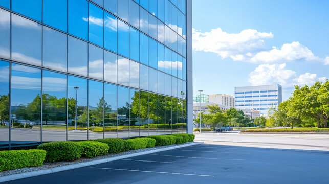 sleek commercial building exterior with reflective solar film windows