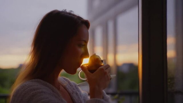 Un cremoso caf&eacute; en un precio atardecer a traves de la ventana	