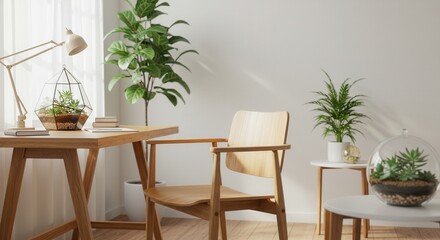 Bright Interior Workspace with Wooden Desk, Chair and Indoor Plants