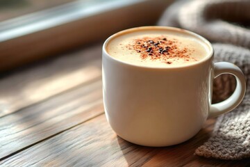 Fototapeta premium Steaming cup of coffee warming by cozy sweater on wooden table