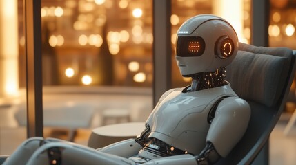 Fototapeta premium White Robot Relaxing in Modern Chair. Future Technology Concept. Artificial Intelligence Resting. Warm Bokeh Background. Automation and Comfort. Robot on Break.