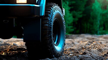 Close-up of a rugged vehicle tire on a dirt path surrounded by lush green forest at dusk