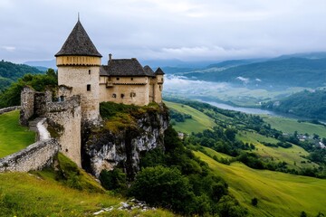 Naklejka premium Medieval castle perched on a cliff overlooking a serene valley