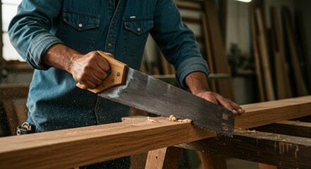 Carpenter sawing wood in workshop