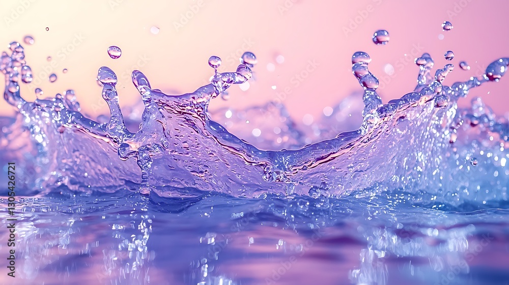 Poster splashing water crown forms over reflective surface in soft, colorful background