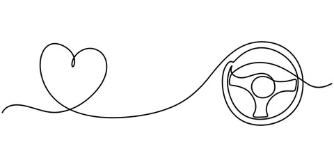 Steering Wheel Line Icon, Red steering wheel with heart continuous one line drawing, Heart with Pink Single Continuous Thin Line Drawing, Driver's License Practice Flat Line Icon Illustration.