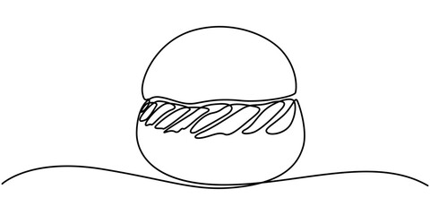 Cinnabon bun one line art. Continuous line drawing of cake, butter roll, Cinnamon roll isolated on white background continuous line drawing, Swedish continuous one line drawing.