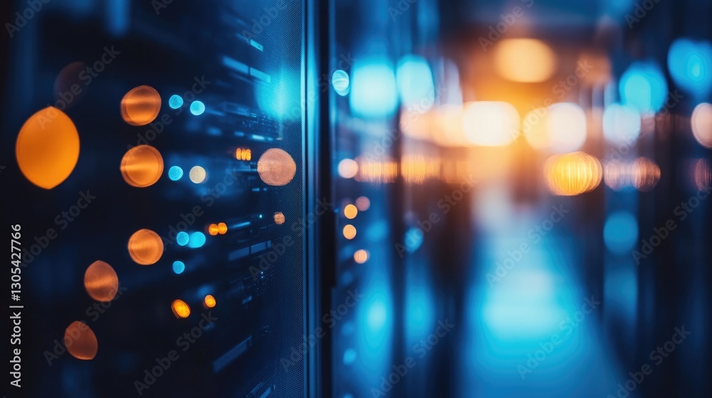 Aufkleber Close-up of a data center with blurred blue and orange server lights, symbolizing cybersecurity, cloud computing, and IT infrastructure. Ideal for technology and digital security themes