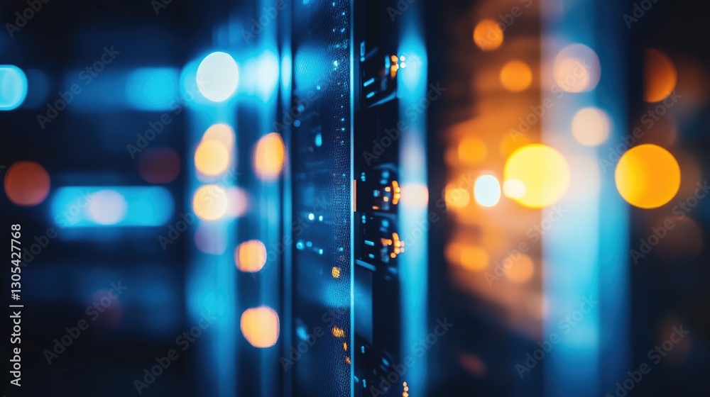 Poster Close up of a data center with blurred lights and glowing blue and orange server racks, symbolizing cloud computing, cybersecurity, and IT infrastructure. Ideal for technology and digital security