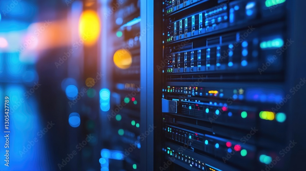 Leinwandbilder Close-up view of a data center with glowing blue and orange lights on the server racks, symbolizing cloud computing, cybersecurity, and IT infrastructure. Ideal for technology and digital security